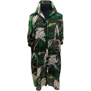 Sante Grace Tropical Leaf Print Button Down Shirt Dress Green Brown